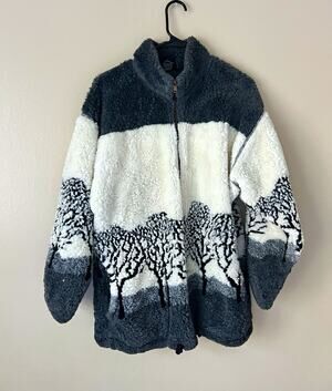 Vintage 90s Ezze Wear Sherpa Fleece Jacket Tree Landscape Nature Full Zip L